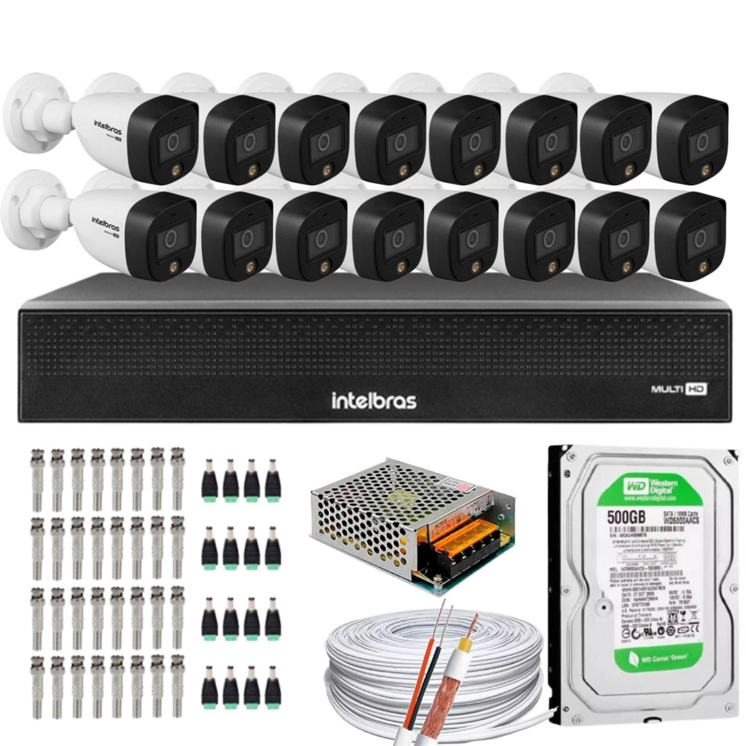 Kit 16 Cameras 1220 Intelbras, Full Color, Dvr Mhdx 16 Ch, Color Noite