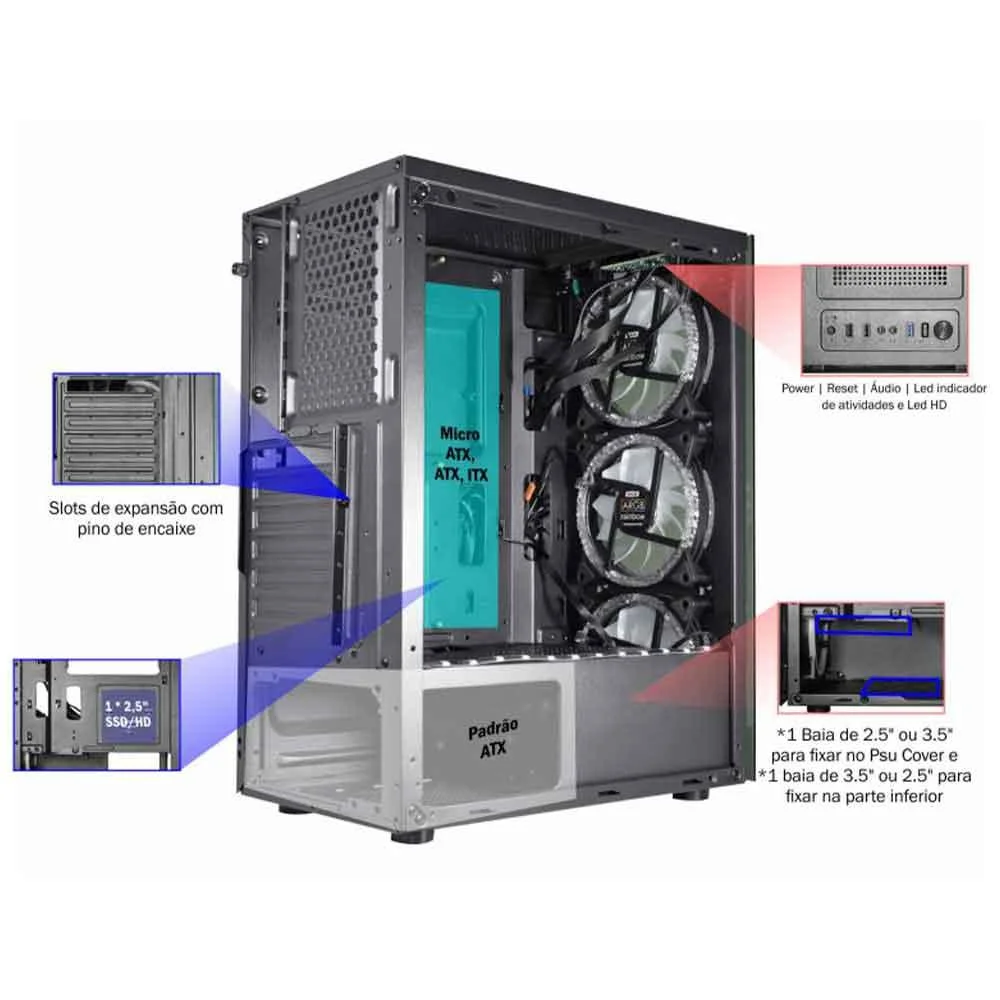 Imagem 5 de 5 do produto Gabinete Gamer K-mex Cg-bl10, C/3fan, 120x120mm