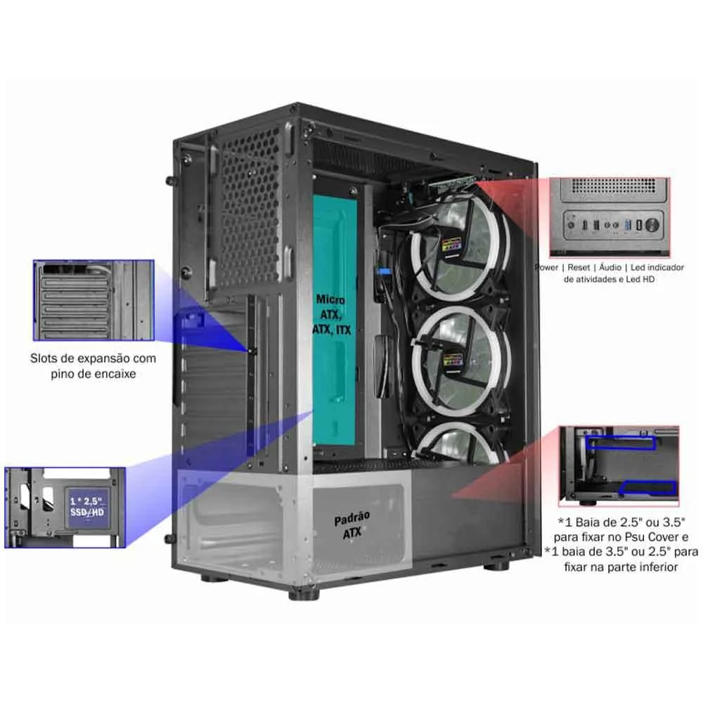 Imagem 3 de 5 do produto Gabinete Gamer K-mex  Al10, Painel Vidro, 3fan, 120x120mm