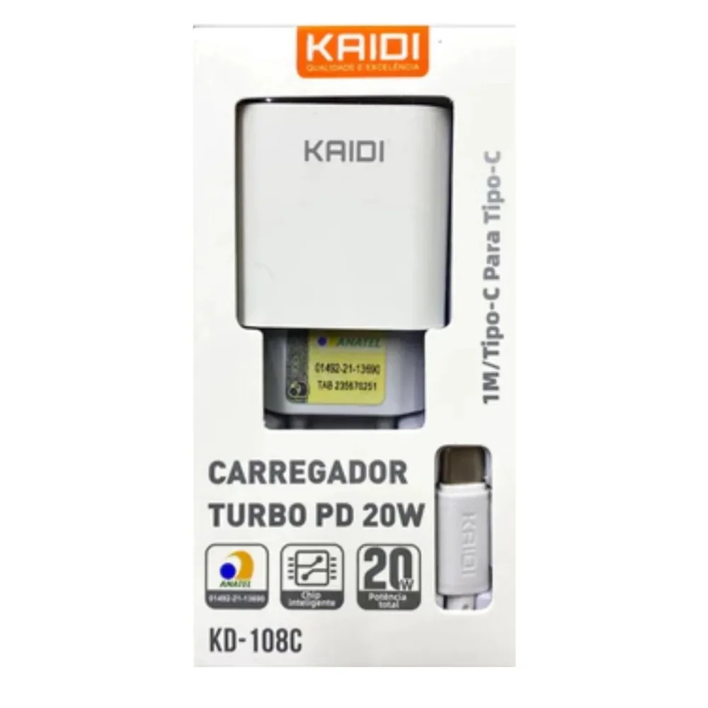 Imagem 2 de 5 do produto Carregador Turbo Dual USB Tipo-C Kaidi, Para USB Tipo-C, 20w - Kd-108c