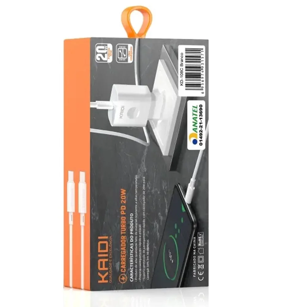 Imagem 3 de 5 do produto Carregador Turbo Dual USB Tipo-C Kaidi, Para USB Tipo-C, 20w - Kd-108c