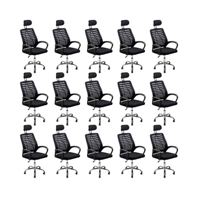 Kit 15 Cadeiras Escritório Oficial Webshop, Diretor Mesh, Peso Recomendado: 120 kg, Encosto De Cabeça, Preta