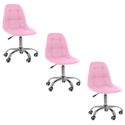 Kit 3 Cadeiras Office Oficial Webshop Eiffel Botonê, Peso Recomendado: 120 kg, Ajustável, Base Giratória, Rosa