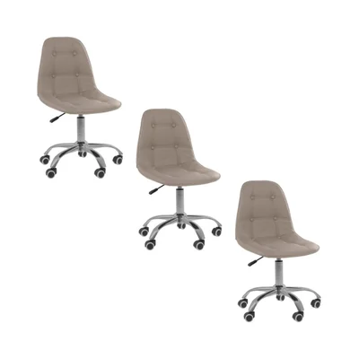 Kit 3 Cadeiras Office Oficial Webshop Eiffel Botonê, Peso Recomendado: 120 kg, Ajustável, Base Giratória, Bege