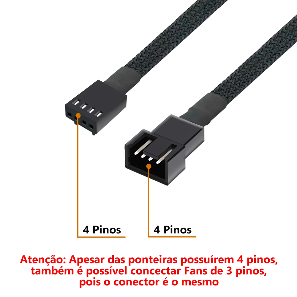Imagem 3 de 5 do produto Cabo Extensor Para Fan PWM 4 Pinos, Trançado, Preto, 25cm, Compatível com 3 Pinos