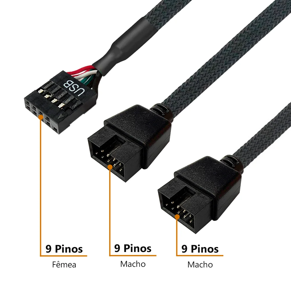 Imagem 2 de 5 do produto Cabo Adaptador USB 9 Pinos 2.0 da Placa Mãe, Preto, Trançado, 2 Portas, Compatível com JUSB1 JUSB2