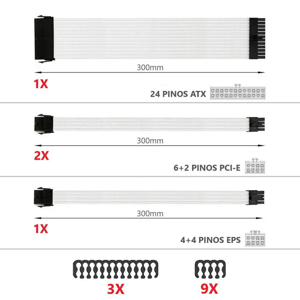 Imagem 2 de 5 do produto Kit 4 Cabo Sleeved Extensor de Fonte, 300mm, Branco,  Compatível com ATX 1x24 Pinos, EPS 1x4+4 Pinos, Gpu 2x6+8 Pinos