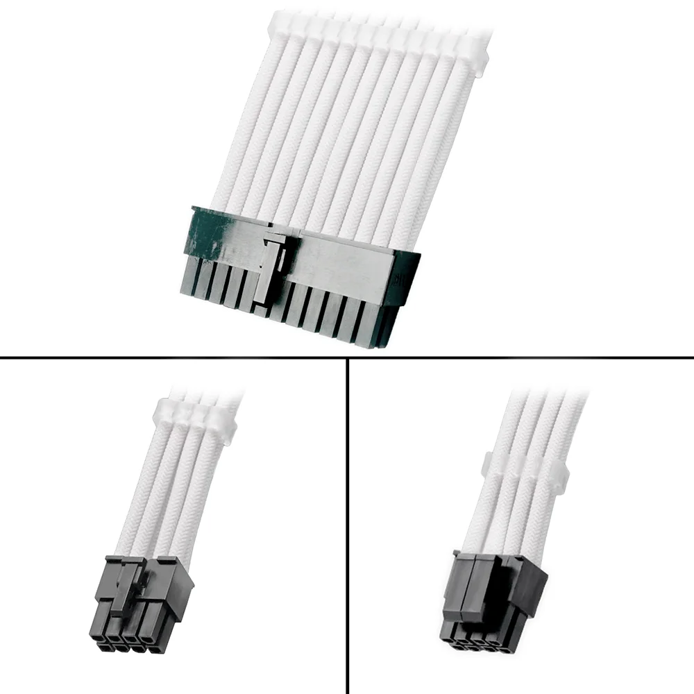 Imagem 4 de 5 do produto Kit 4 Cabo Sleeved Extensor de Fonte, 300mm, Branco,  Compatível com ATX 1x24 Pinos, EPS 1x4+4 Pinos, Gpu 2x6+8 Pinos