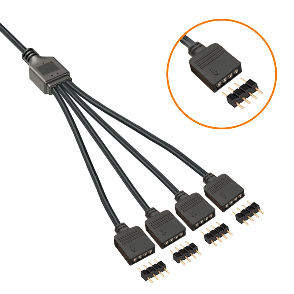 Imagem 4 de 5 do produto Cabo Splitter RGB 12V 4 Pinos, 1 para 4 Portas, Compatível com Cooler Fan e Fita de LED, Preto, Extensor 30cm