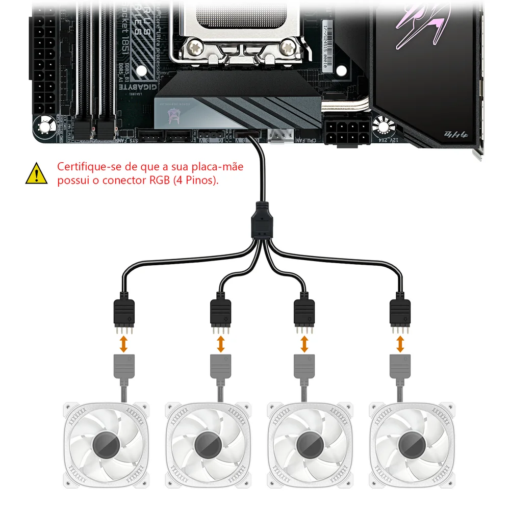 Imagem 5 de 5 do produto Cabo Splitter RGB 12V 4 Pinos, 1 para 4 Portas, Compatível com Cooler Fan e Fita de LED, Preto, Extensor 30cm