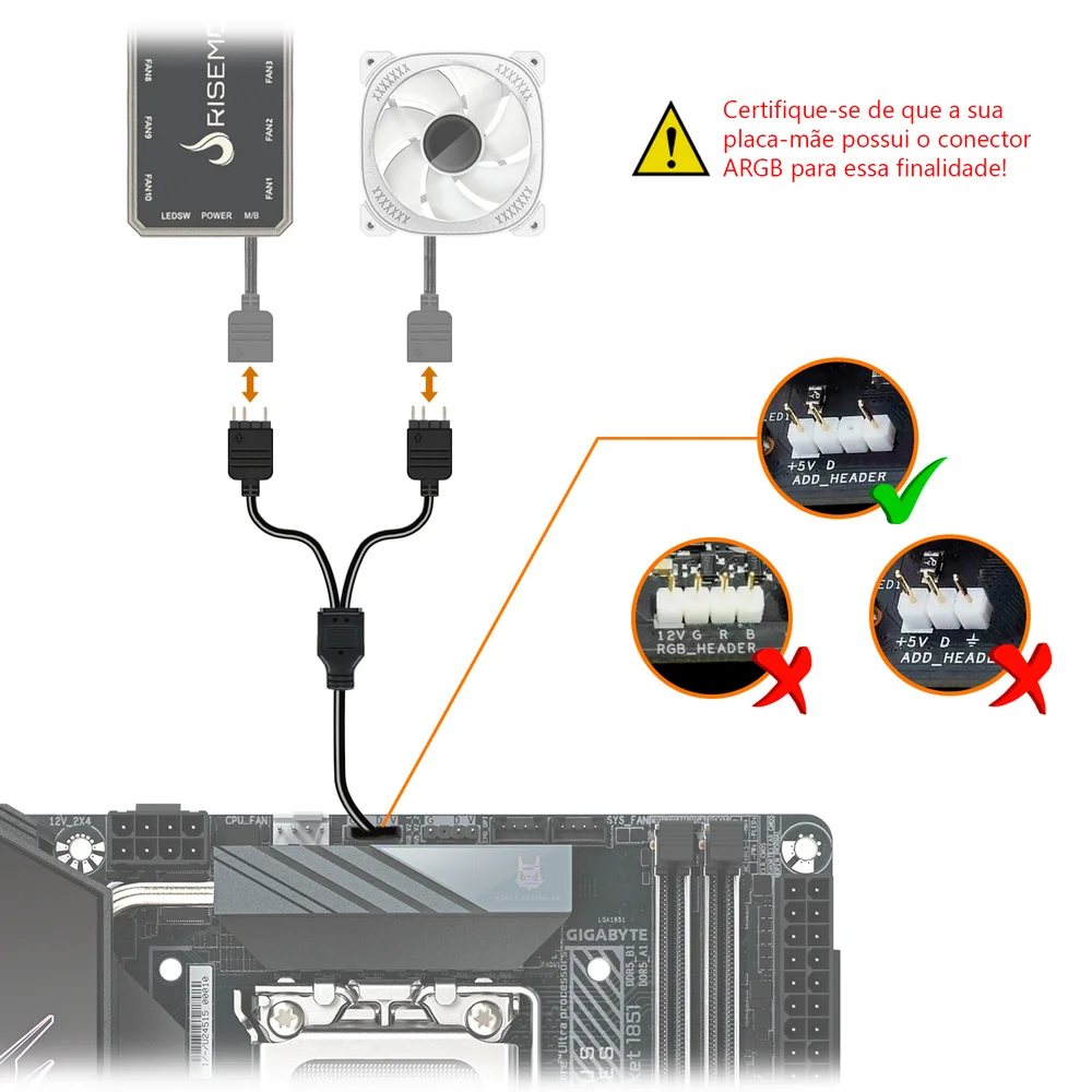Imagem 2 de 4 do produto Cabo Adaptador ARGB 5V, 3 Pinos, 1 para 2 Portas, Tipo Y, Preto, Extensor 30cm