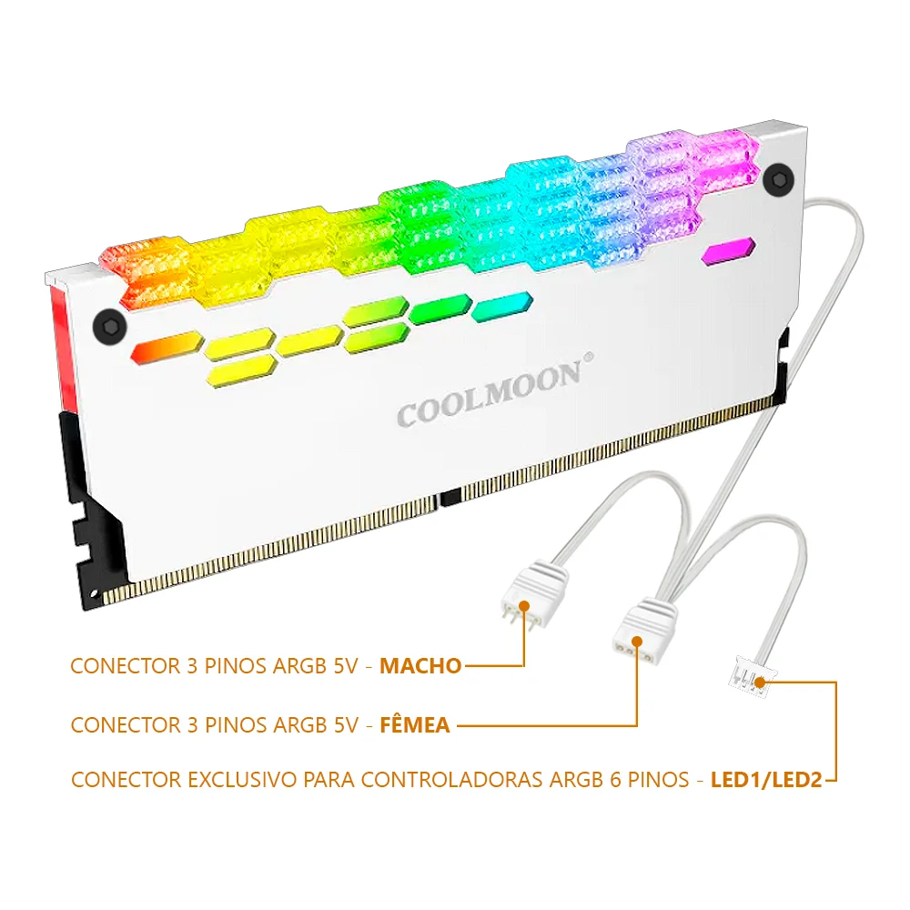 Kit 2 Dissipadores de Calor para Memória RAM, Branca, ARGB 5V, 3 Pinos, Coolmoon, DDR3, DDR4, DDR5 Kit 2 Dissipadores de Calor para Memória RAM, Branca, ARGB 5V, 3 Pinos, Coolmoon, DDR3, DDR4, DDR5