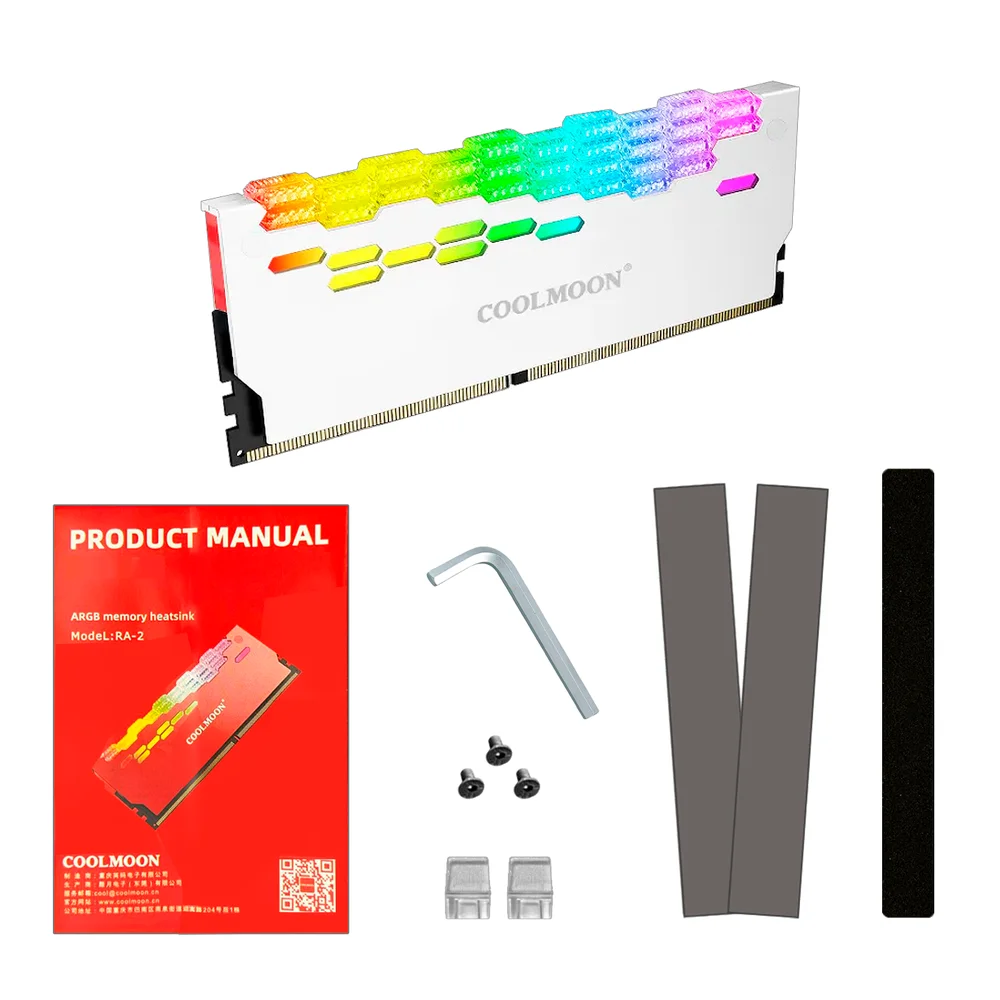 Kit 2 Dissipadores de Calor para Memória RAM, Branca, ARGB 5V, 3 Pinos, Coolmoon, DDR3, DDR4, DDR5 Kit 2 Dissipadores de Calor para Memória RAM, Branca, ARGB 5V, 3 Pinos, Coolmoon, DDR3, DDR4, DDR5