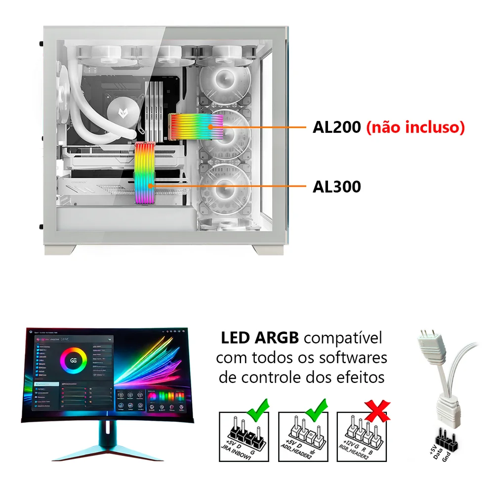 Imagem 4 de 5 do produto Barra de LED Neon, AL300 Coolmoon, ARGB 5V 3 Pinos, Guia Para Esconder Cabos da Fonte, Branco