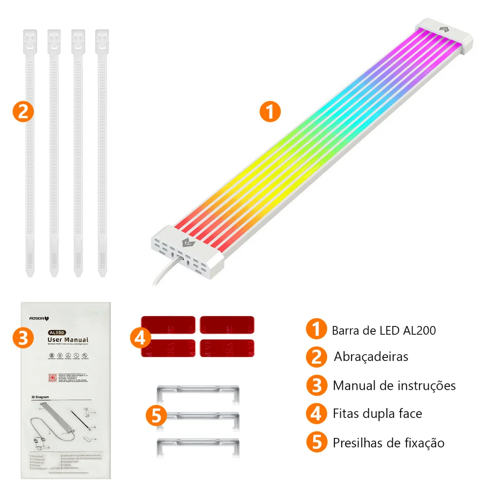 Imagem 5 de 5 do produto Barra de LED Neon, AL300 Coolmoon, ARGB 5V 3 Pinos, Guia Para Esconder Cabos da Fonte, Branco