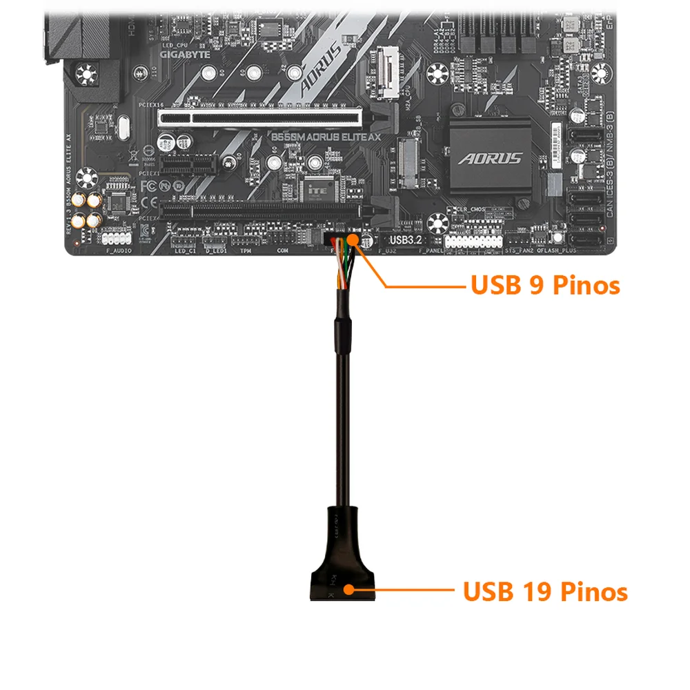 Imagem 2 de 5 do produto Cabo Adaptador USB 3.0 (19 Pinos) Macho Para USB 2.0 (9 Pinos) Femea, Conversor USB Interno Placa-mãe, 150mm, Preto