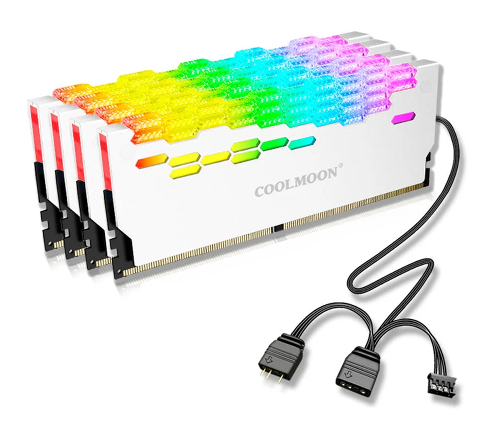 Kit 4 Dissipadores de Calor para Memória RAM, Branca, ARGB 5V, 3 Pinos, Coolmoon, DDR3, DDR4, DDR5 Kit 4 Dissipadores de Calor para Memória RAM, Branca, ARGB 5V, 3 Pinos, Coolmoon, DDR3, DDR4, DDR5