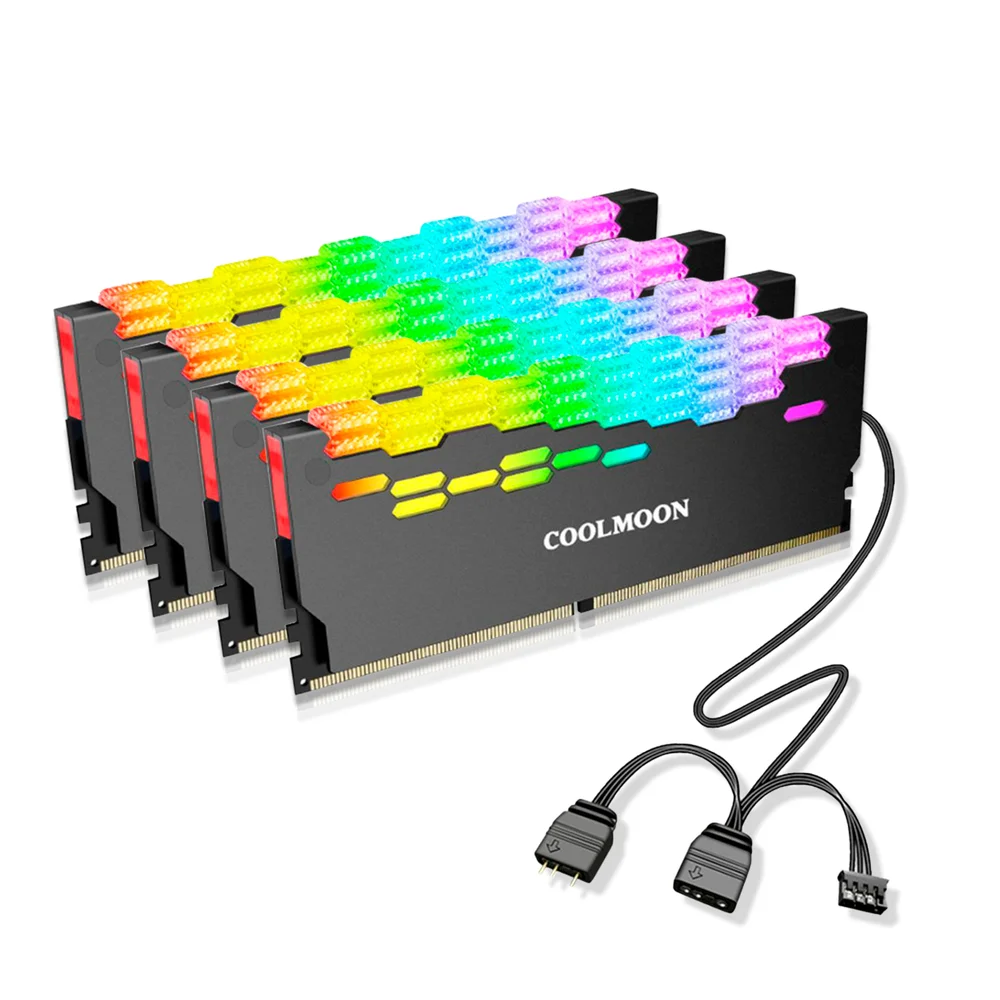 Kit 4 Dissipadores de Calor para Memória RAM, ARGB 5V, 3 Pinos, Coolmoon, DDR3, DDR4, DDR5 Kit 4 Dissipadores de Calor para Memória RAM, ARGB 5V, 3 Pinos, Coolmoon, DDR3, DDR4, DDR5