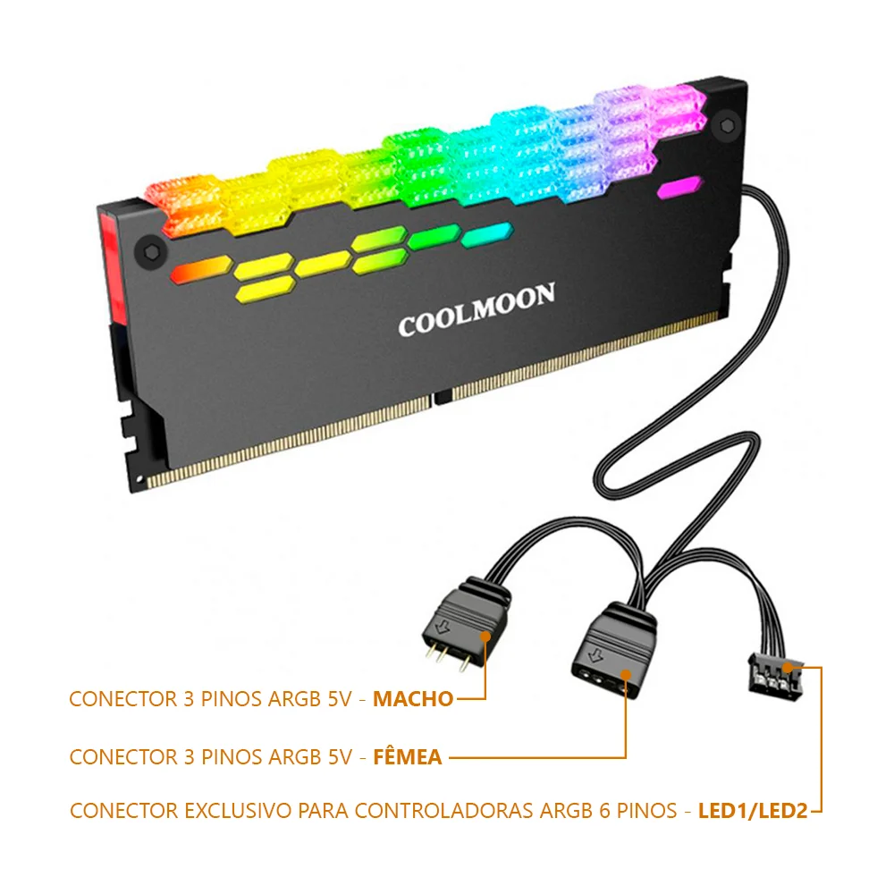 Kit 4 Dissipadores de Calor para Memória RAM, ARGB 5V, 3 Pinos, Coolmoon, DDR3, DDR4, DDR5 Kit 4 Dissipadores de Calor para Memória RAM, ARGB 5V, 3 Pinos, Coolmoon, DDR3, DDR4, DDR5