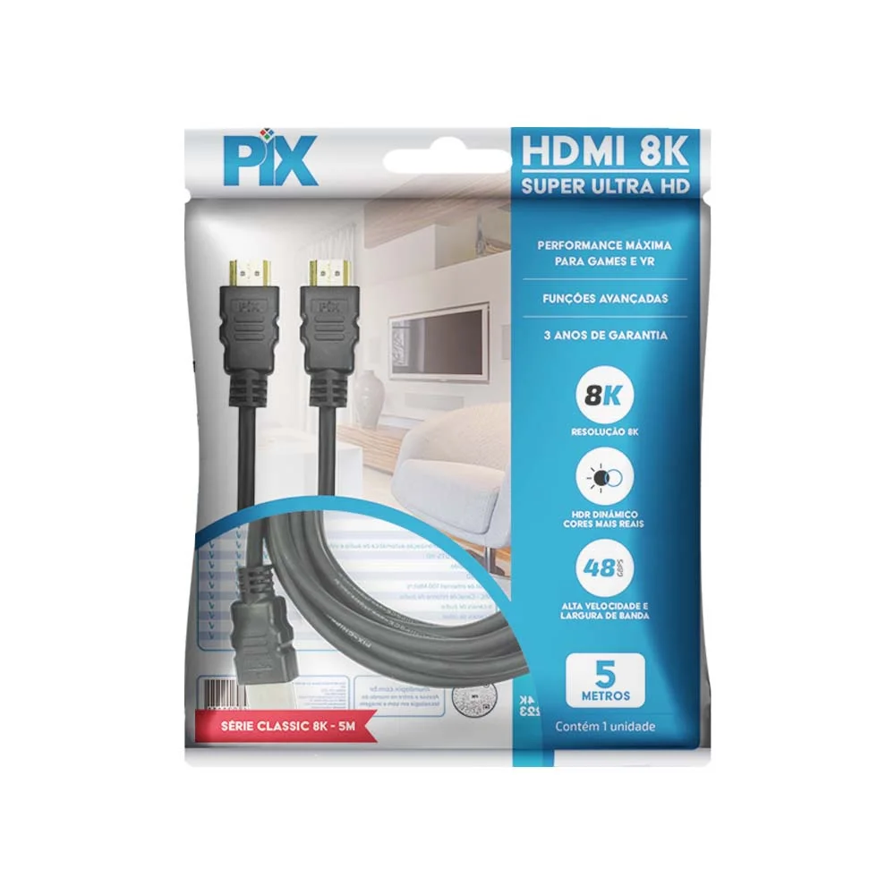 Imagem 2 de 5 do produto Cabo HDMI 2.1, 8k Hdr 19p, 26awg, 5m - Preto