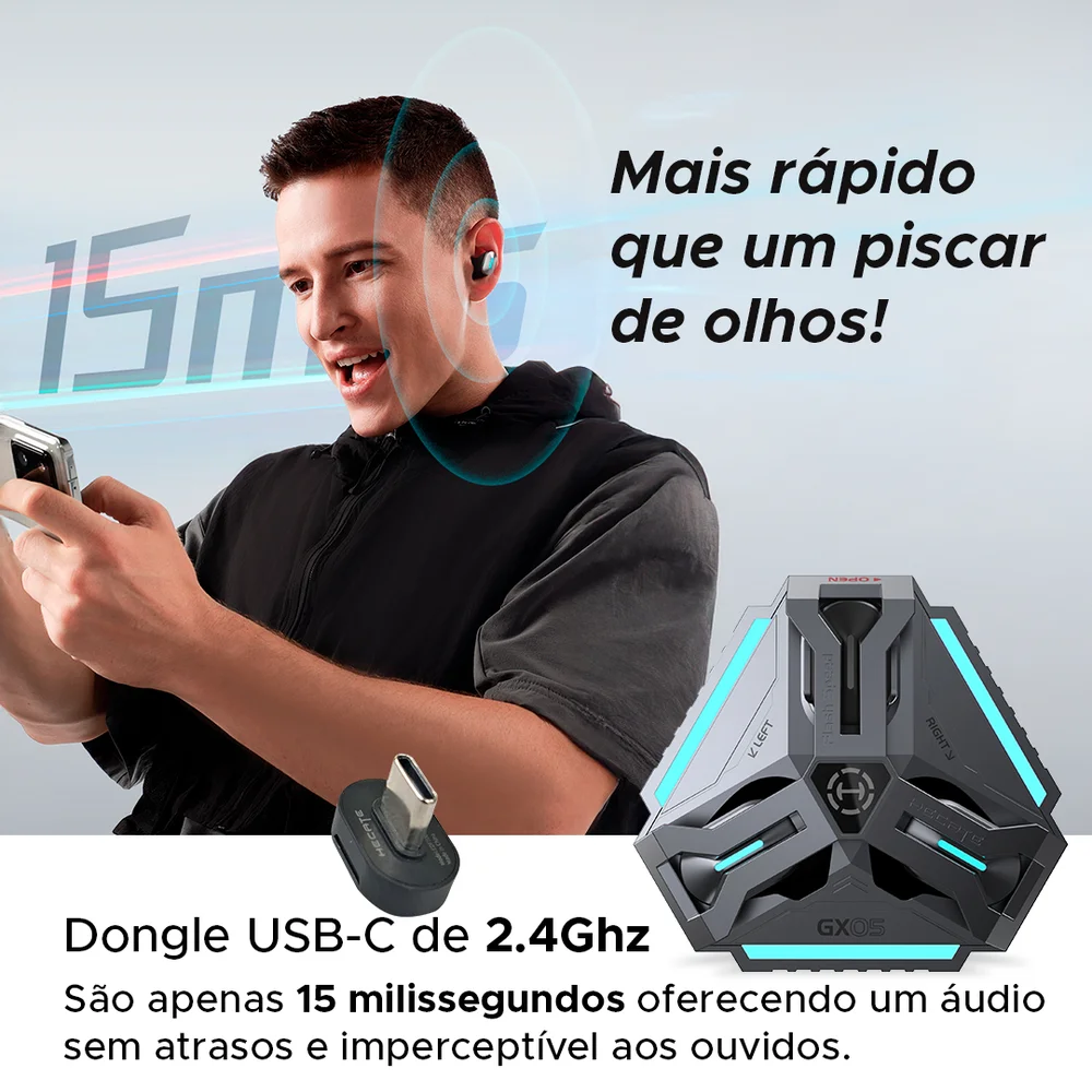 Imagem 3 de 5 do produto Fone Tws Gamer com Dongle 2.4ghz, Sem Delay, Case interativa, Hi-Res E Lhdc, Bluetooth 5.3 - Gx05 EDIFIER