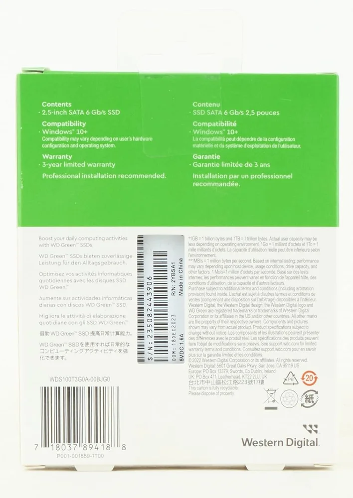 Imagem 2 de 3 do produto SSD 1tb WD Green, Sata Iii 6 Gb/s, Leitura 545mb/s - Wds100t3g0a