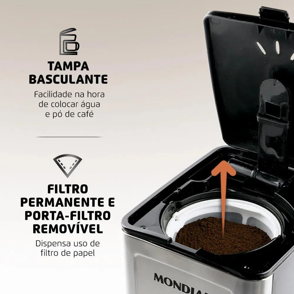 Imagem 2 de 5 do produto Cafeteira Elétrica Mondial Dolce Arome, Corta Pingos, Base Com Aquecimento, 800w, 127v, Preto e Inox - C4432xsdi