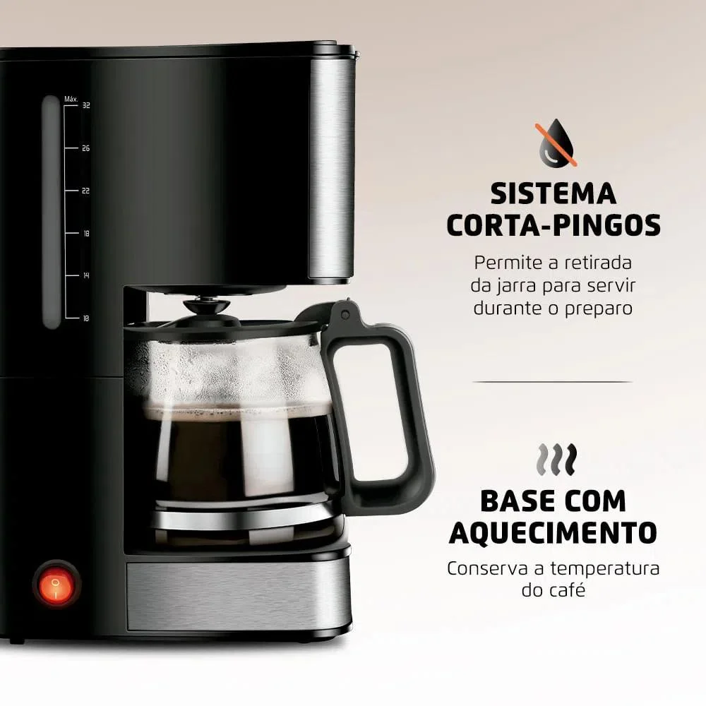 Imagem 3 de 5 do produto Cafeteira Elétrica Mondial Dolce Arome, Corta Pingos, Base Com Aquecimento, 800w, 127v, Preto e Inox - C4432xsdi