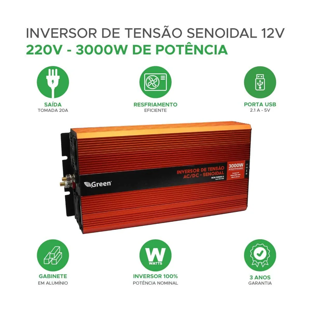Inversor Off Grid Solar Green, 12v, 3000w, Senoidal Inversor Off Grid Solar Green, 12v, 3000w, Senoidal