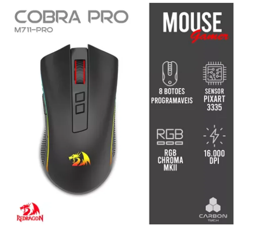 Imagem 5 de 5 do produto Mouse Gamer Redragon M711 Cobra, Sem Fio, Pro RGB, 16000 Dpi, Preto