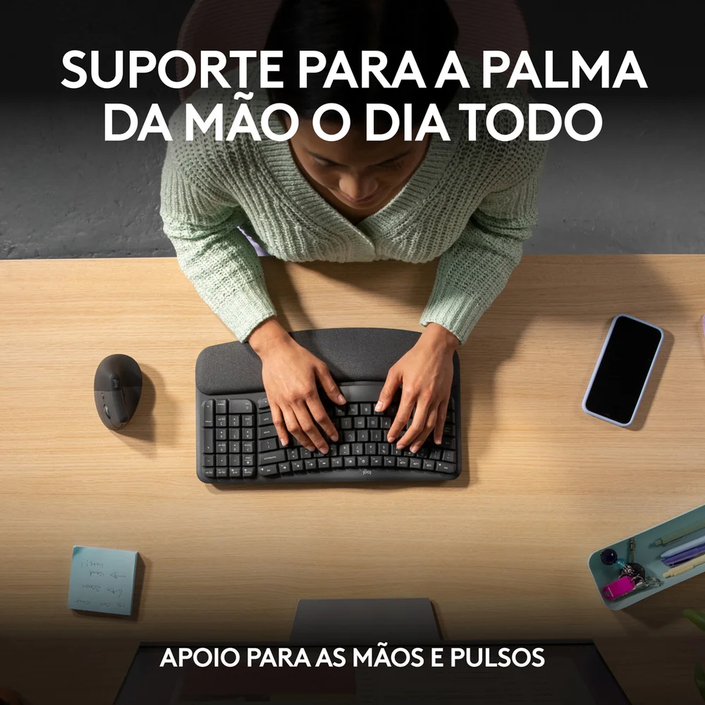 Imagem 2 de 5 do produto Teclado Logitech Wave Keys, Sem Fio, USB, Ergonômico, Preto Us - 920-012281