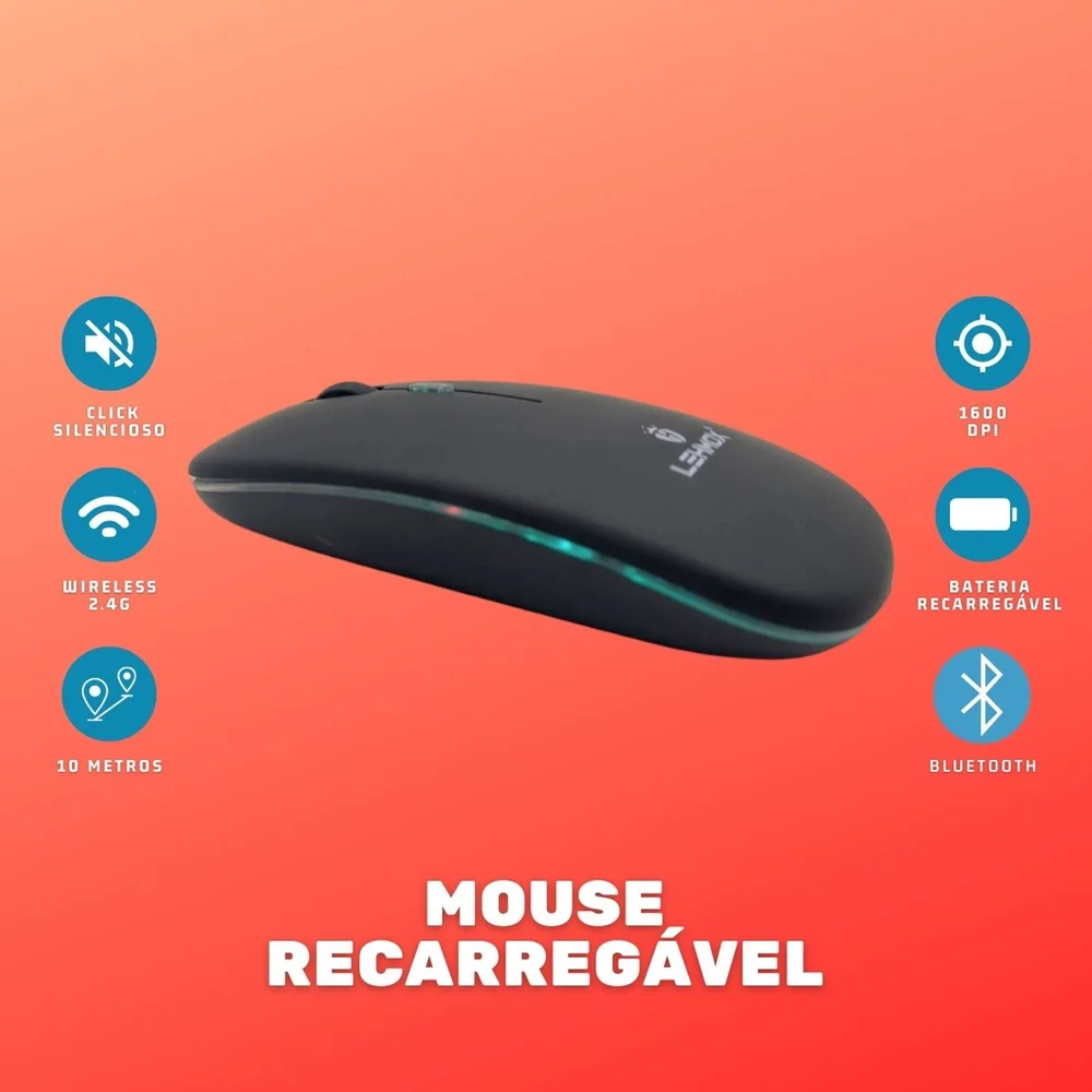 Imagem 3 de 5 do produto Mouse Wireless Lehmox, Recarregável, LED, RGB - Preto