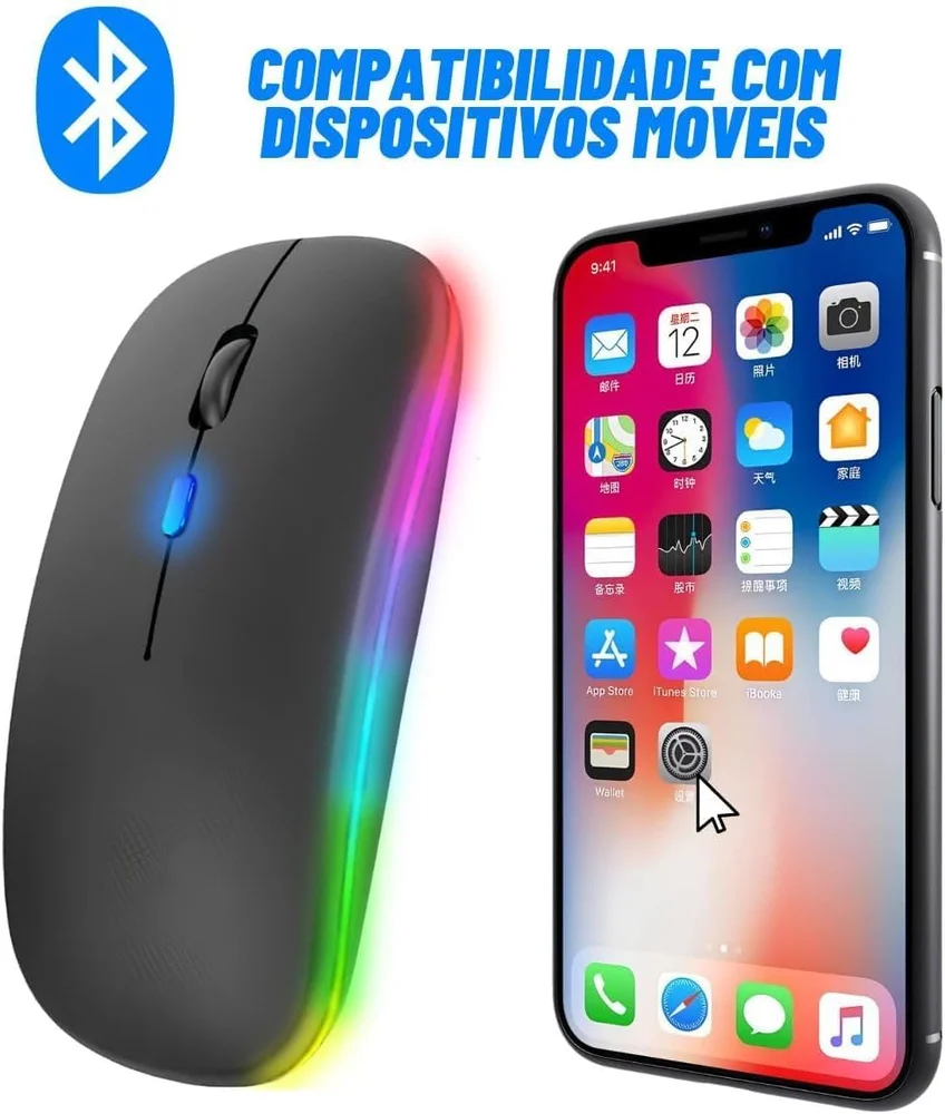 Imagem 5 de 5 do produto Mouse Wireless Lehmox, Recarregável, LED, RGB - Preto