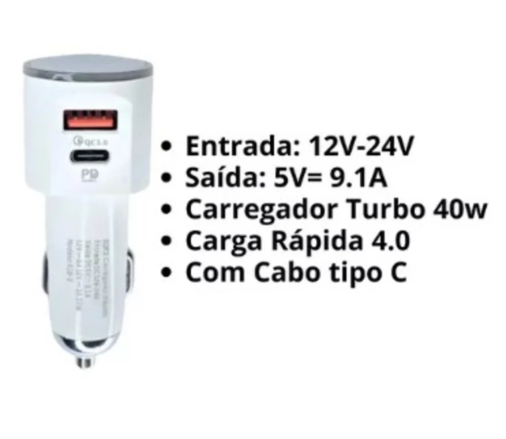 Imagem 2 de 3 do produto Carregador Veicular Turbo 9.1a H'maston, USB-A Quick charge 3.0, S18-1 + Cabo  V8, Branco