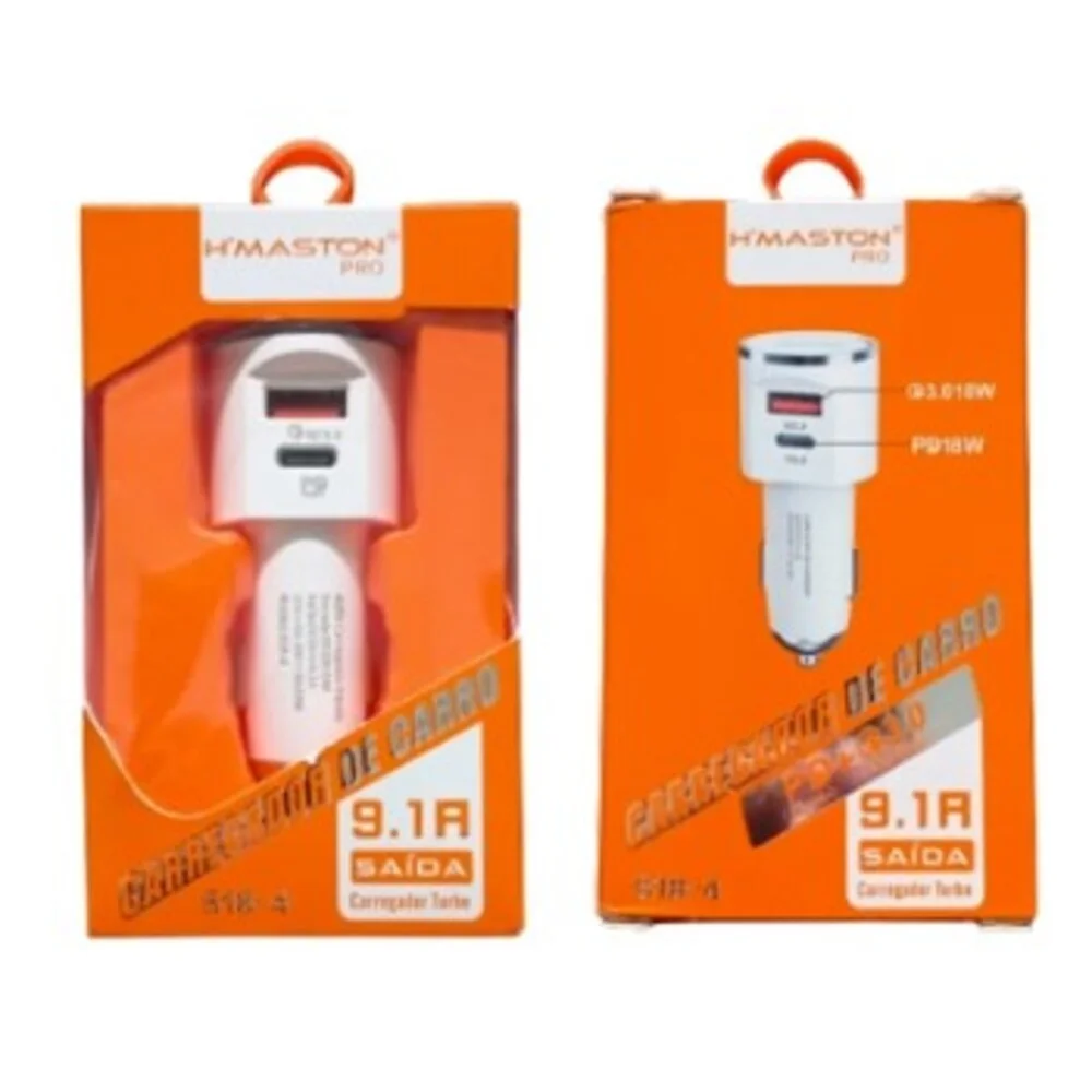 Imagem 3 de 3 do produto Carregador Veicular Turbo 9.1a H'maston, USB-A Quick charge 3.0, S18-1 + Cabo  V8, Branco