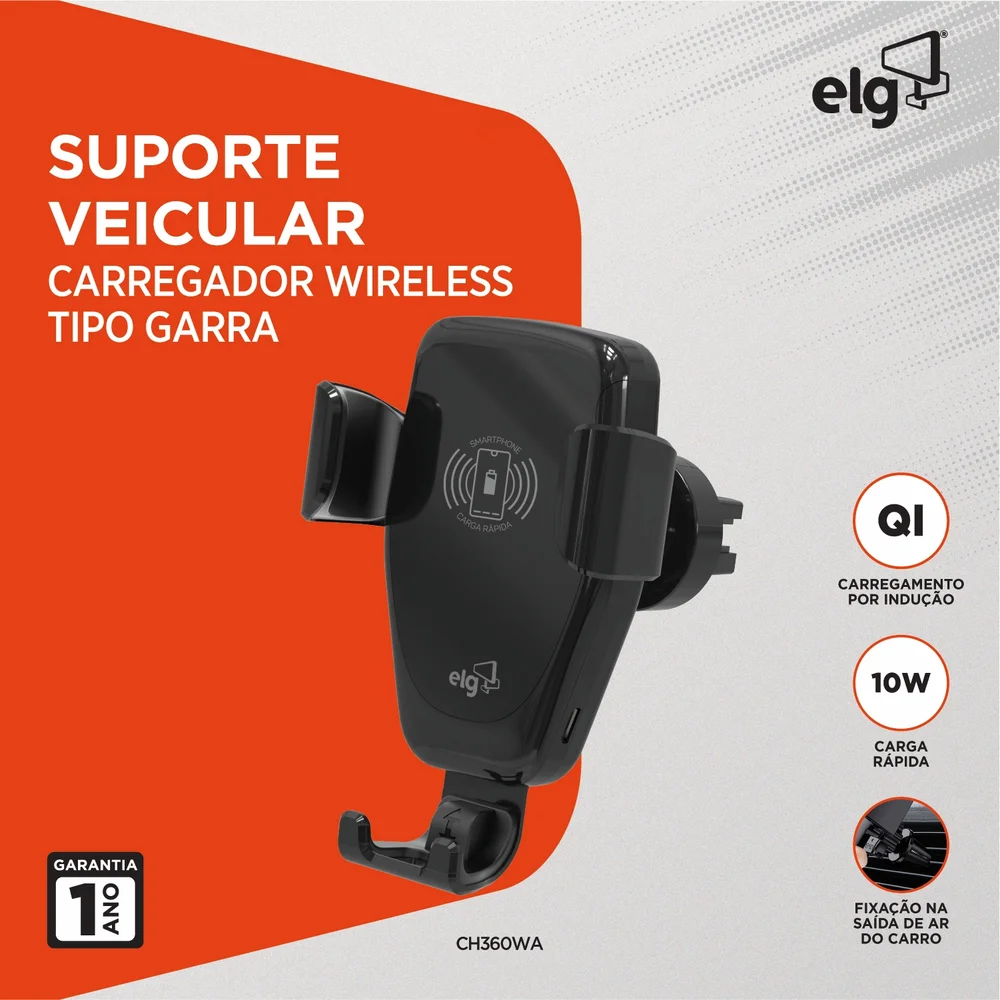 Imagem 2 de 5 do produto Suporte Veicular Com Carregador Wireless 10w Elg Automático Para Celular 4.5” A 7” Giratório 360º Ch360wa