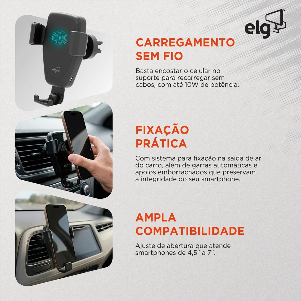Imagem 3 de 5 do produto Suporte Veicular Com Carregador Wireless 10w Elg Automático Para Celular 4.5” A 7” Giratório 360º Ch360wa