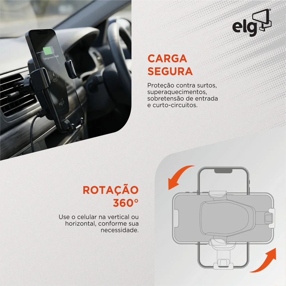 Imagem 5 de 5 do produto Suporte Veicular Com Carregador Wireless 10w Elg Automático Para Celular 4.5” A 7” Giratório 360º Ch360wa