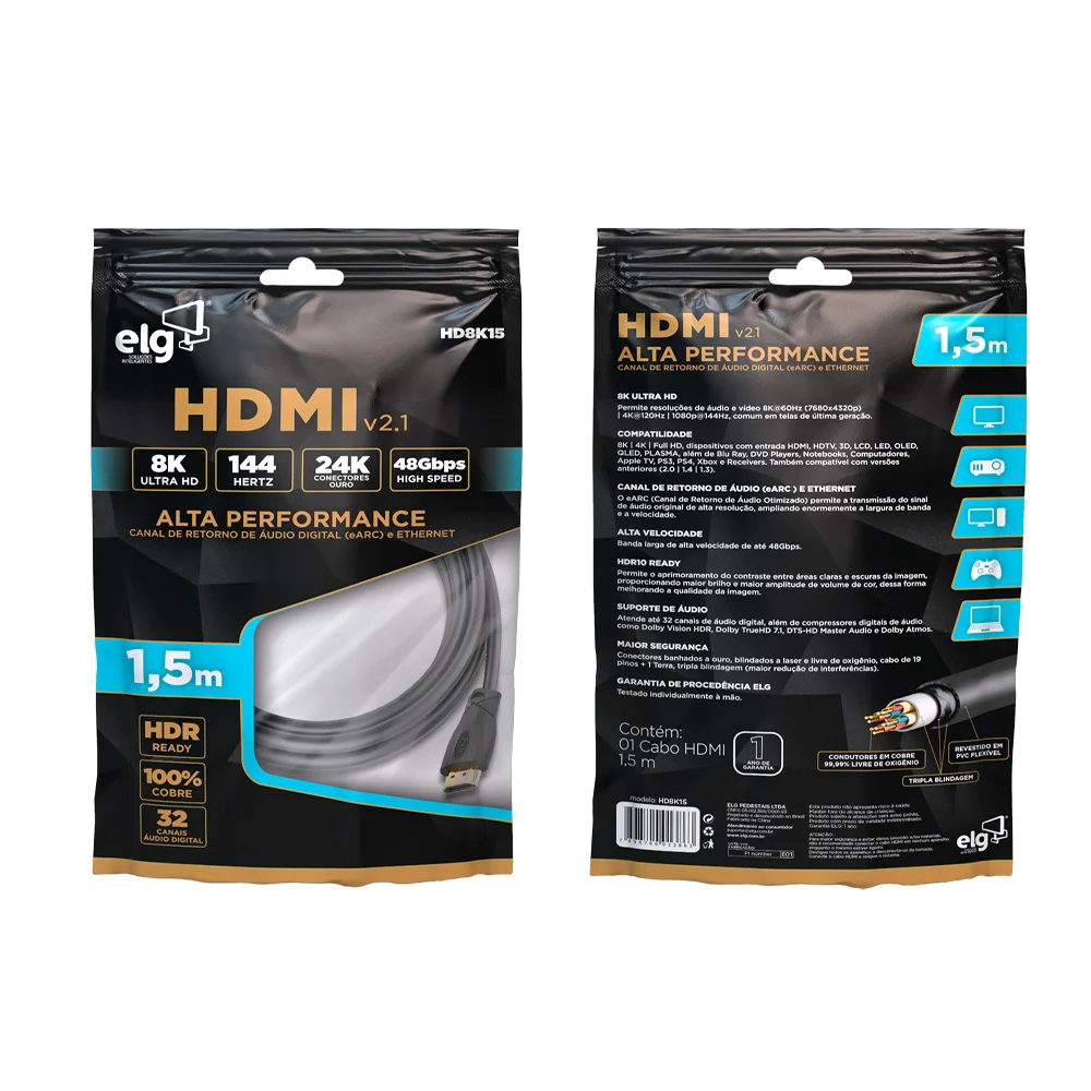 Imagem 4 de 5 do produto Cabo HDMI Alta Performance V2.1, 8k Ultra Hd 144hz, Arc E Ethernet, Conectores Banhados A Ouro 24k Com, Com 1,5 Metros Preto, Hd8k15, Elg