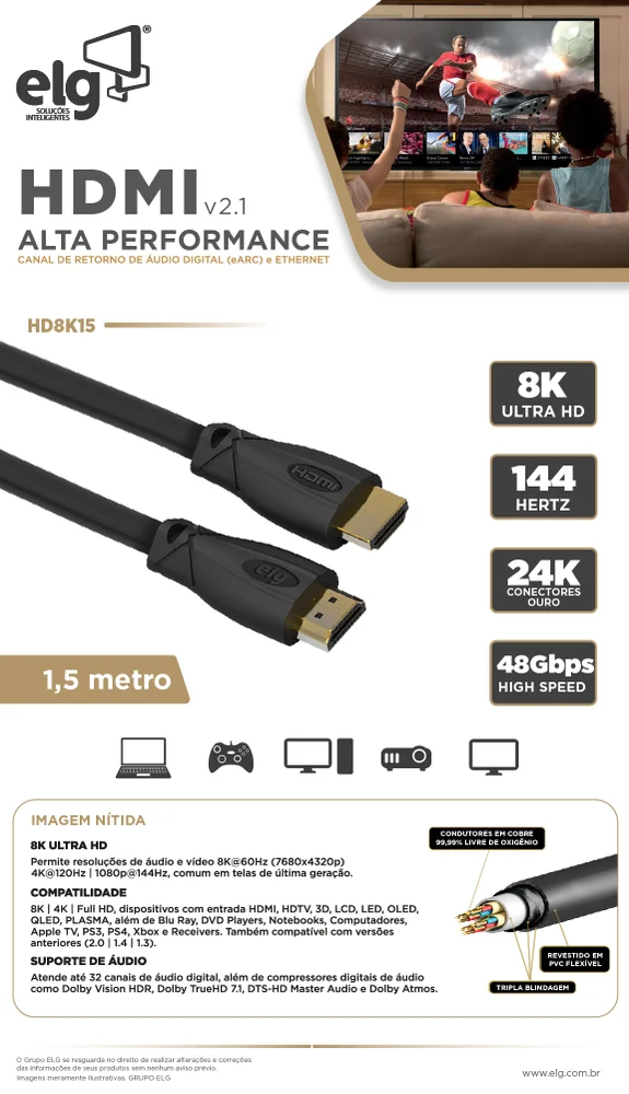 Imagem 5 de 5 do produto Cabo HDMI Alta Performance V2.1, 8k Ultra Hd 144hz, Arc E Ethernet, Conectores Banhados A Ouro 24k Com, Com 1,5 Metros Preto, Hd8k15, Elg
