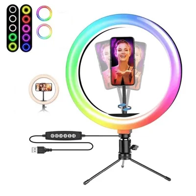 Iluminador LED Circular 8" Mj20 RGB 25w Soft Ring Light Live 20cm Usb Com Mini Tripé E Suporte Smartphone
