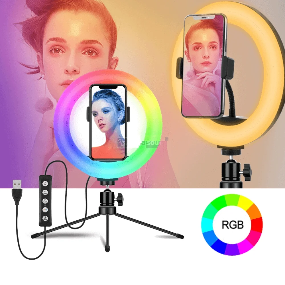 Imagem 2 de 5 do produto Iluminador LED Circular 8" Mj20 RGB 25w Soft Ring Light Live 20cm Usb Com Mini Tripé E Suporte Smartphone