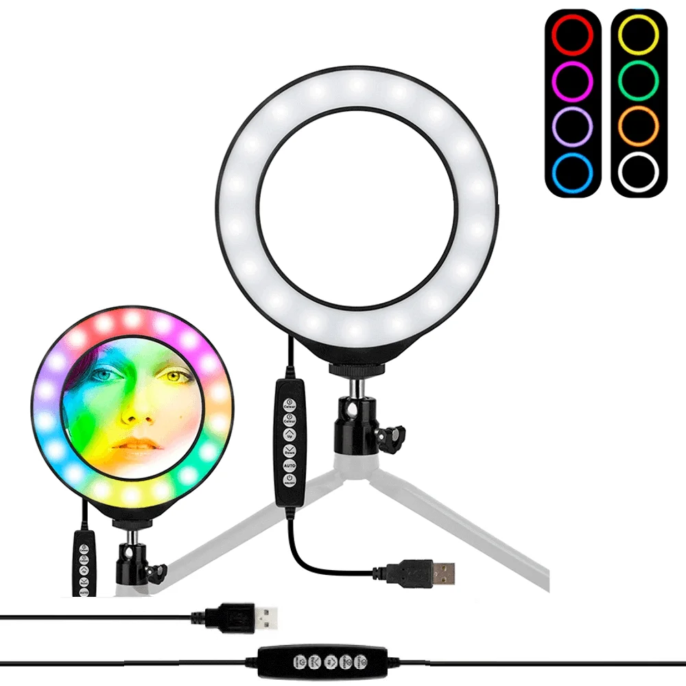 Imagem 3 de 5 do produto Iluminador LED Circular 8" Mj20 RGB 25w Soft Ring Light Live 20cm Usb Com Mini Tripé E Suporte Smartphone