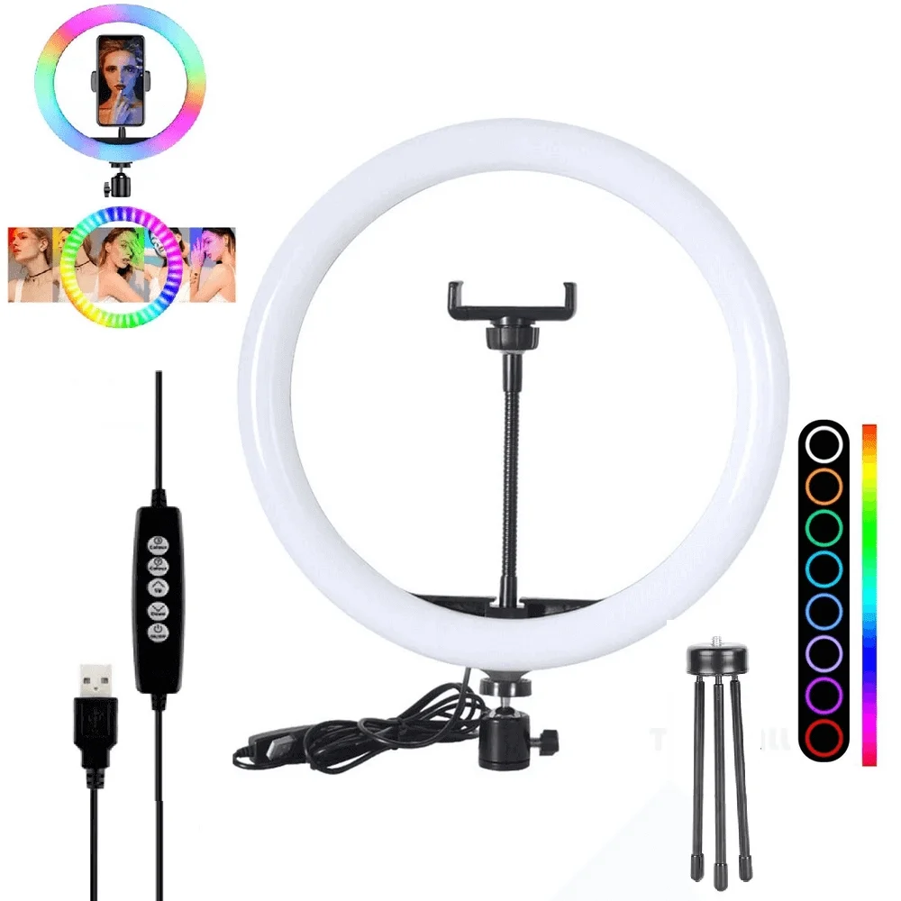Imagem 5 de 5 do produto Iluminador LED Circular 8" Mj20 RGB 25w Soft Ring Light Live 20cm Usb Com Mini Tripé E Suporte Smartphone