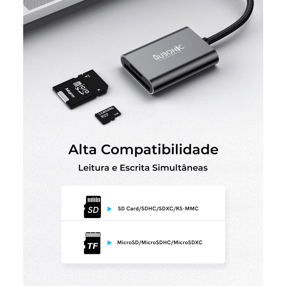Imagem 2 de 5 do produto Adaptador Leitor De Cartão Hubonic, USB 3.0, 5gbps, Dual Slot SD, Tf, Liga De Alumínio, Notebook, Tablet, Celular