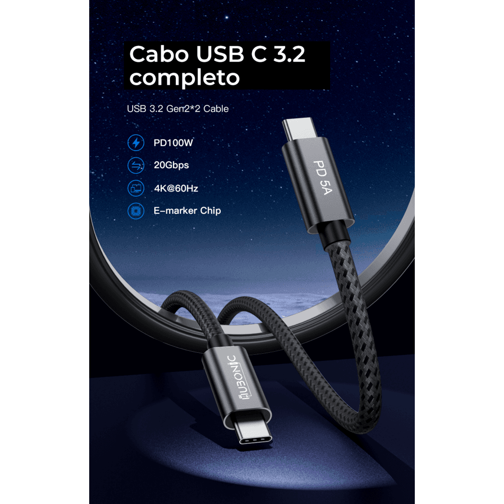 Imagem 4 de 5 do produto Cabo Hubonic USB C Para USB C 3.2, Gen2, De 20 Gbps, 2 Metros, Carregamento Rápido, Pd100w, PC, Celular, Tablets. Laptops