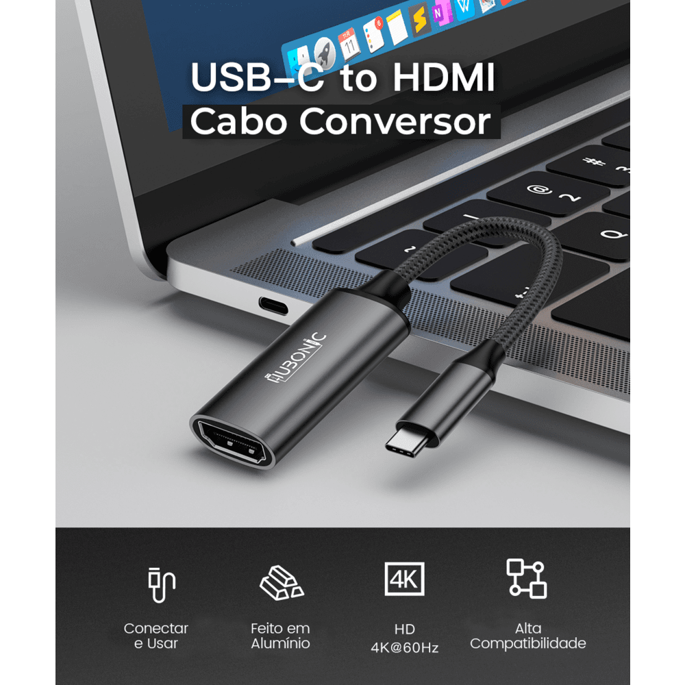 Imagem 2 de 5 do produto Adaptador Hubonic USB C Para HDMI, 4k, 60hz, Cabo, Celular, Tablet, Notebook, Resistente, Alta Qualidade