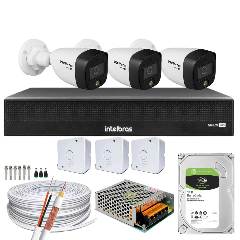 Imagem 1 de 5 do produto Kit 3 Cameras Segurança Intelbras Full Color Vhd 1120b Dvr 4ch Full C/ Hd 1TB .