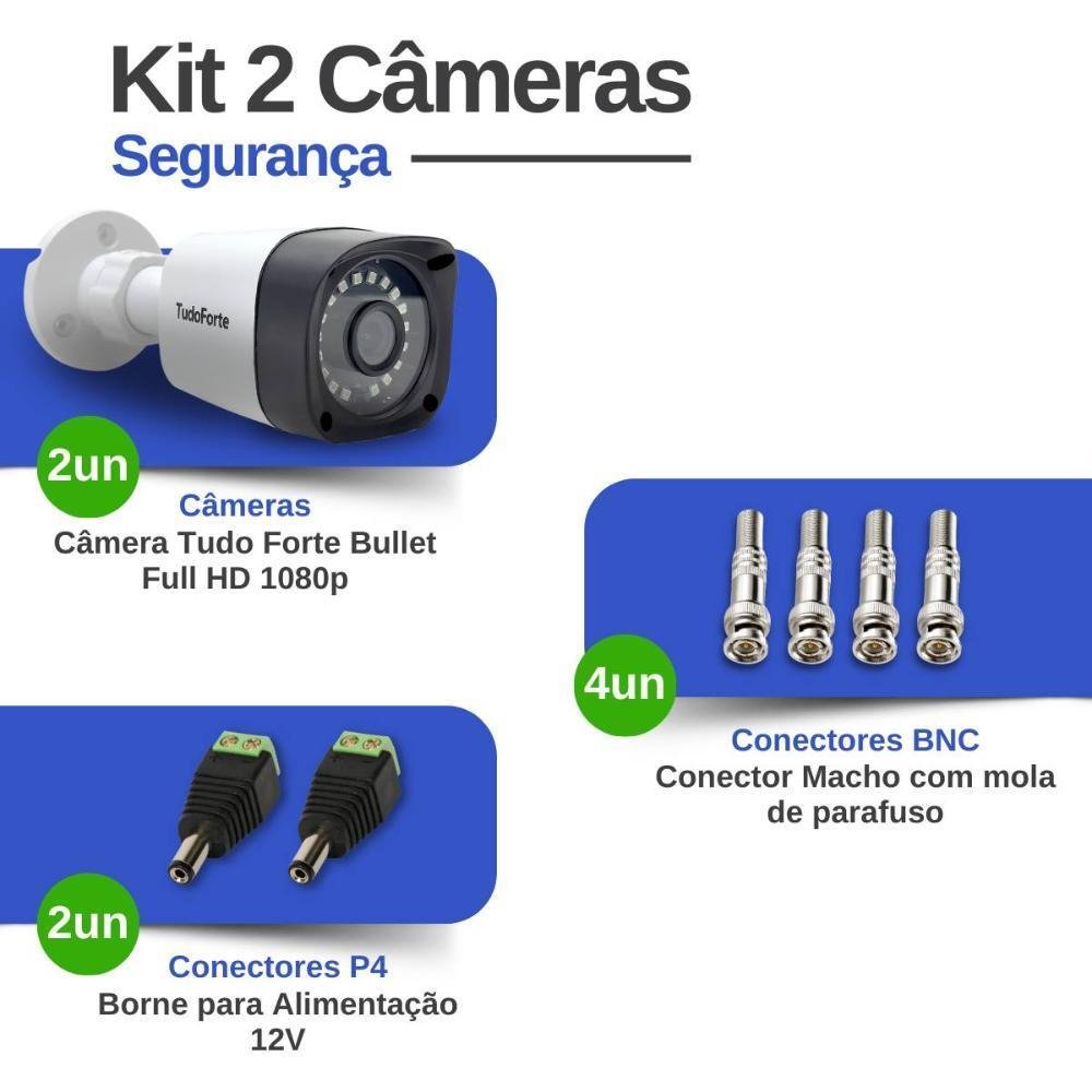 Imagem 4 de 5 do produto Kit 2 Câmeras, Bullet FULL HD 1080p, Lente 2.8mm, Visão Noturna 20m, Ip66 + Conectores