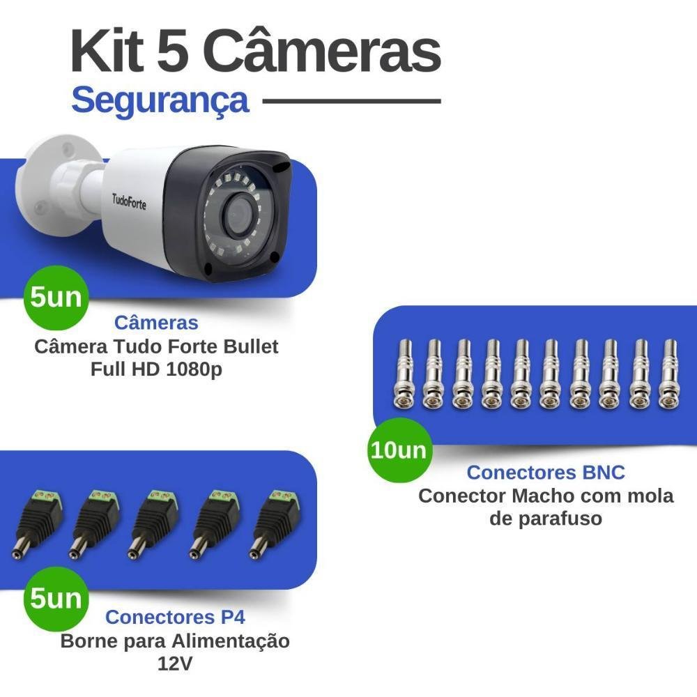 Imagem 4 de 5 do produto Kit 5 Câmeras, Bullet, FULL HD, 1080p, visão Noturna 20m, Ip66 + Conectores